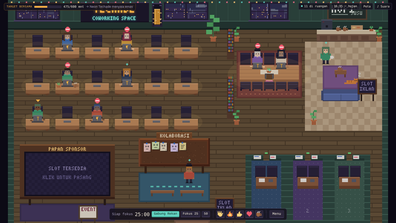 Ruang kerja pixel art: meja-meja kerja, meja bersama, pojok kopi, papan kolaborasi, dan papan sponsor